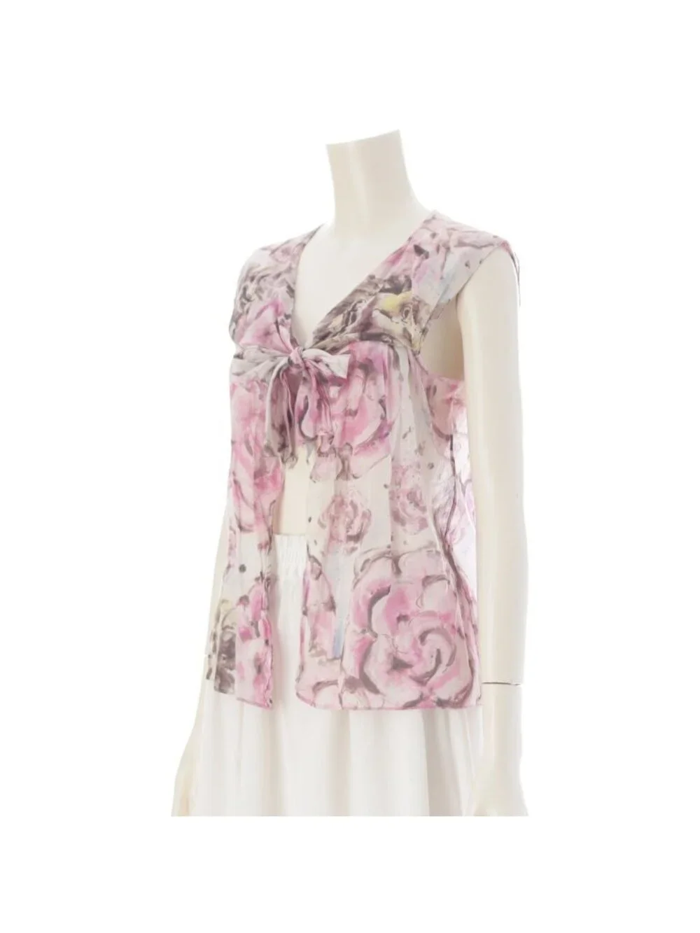 Chanel 09P Camellia Cotton Bow Tie Sleeveless Blouse Top Pink White Yellow 38
